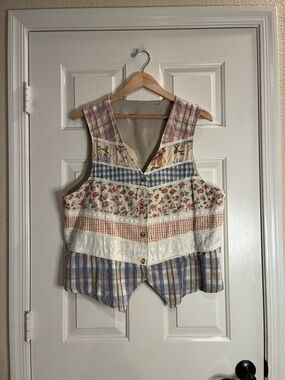 Patchwork Floral & Plaid Button Front Vest - Cream, Pink, Blue